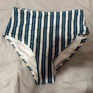 Blue and white striped high waisted bathing suit bottoms